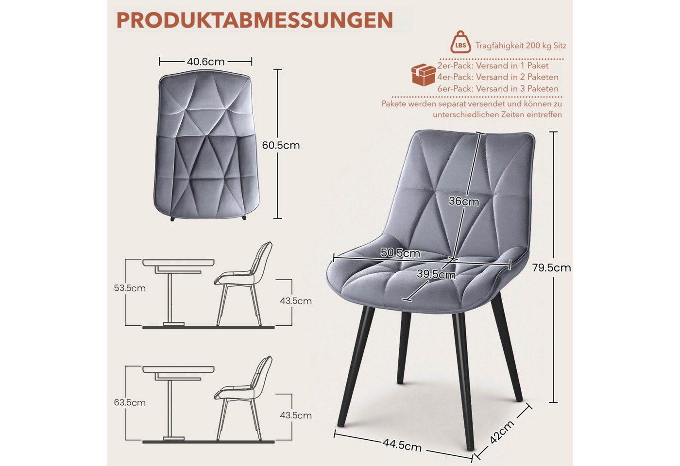 TLGREEN Esszimmerstuhl 2/4/6er set,Küchenstuhl gepolstert mit Rückenlehne, (Polsterstühle aus Samt,mit Metallbeinen,bis 170 kg belastbar, 4 St), für Wohnzimmer  – Bild 3 von 5
