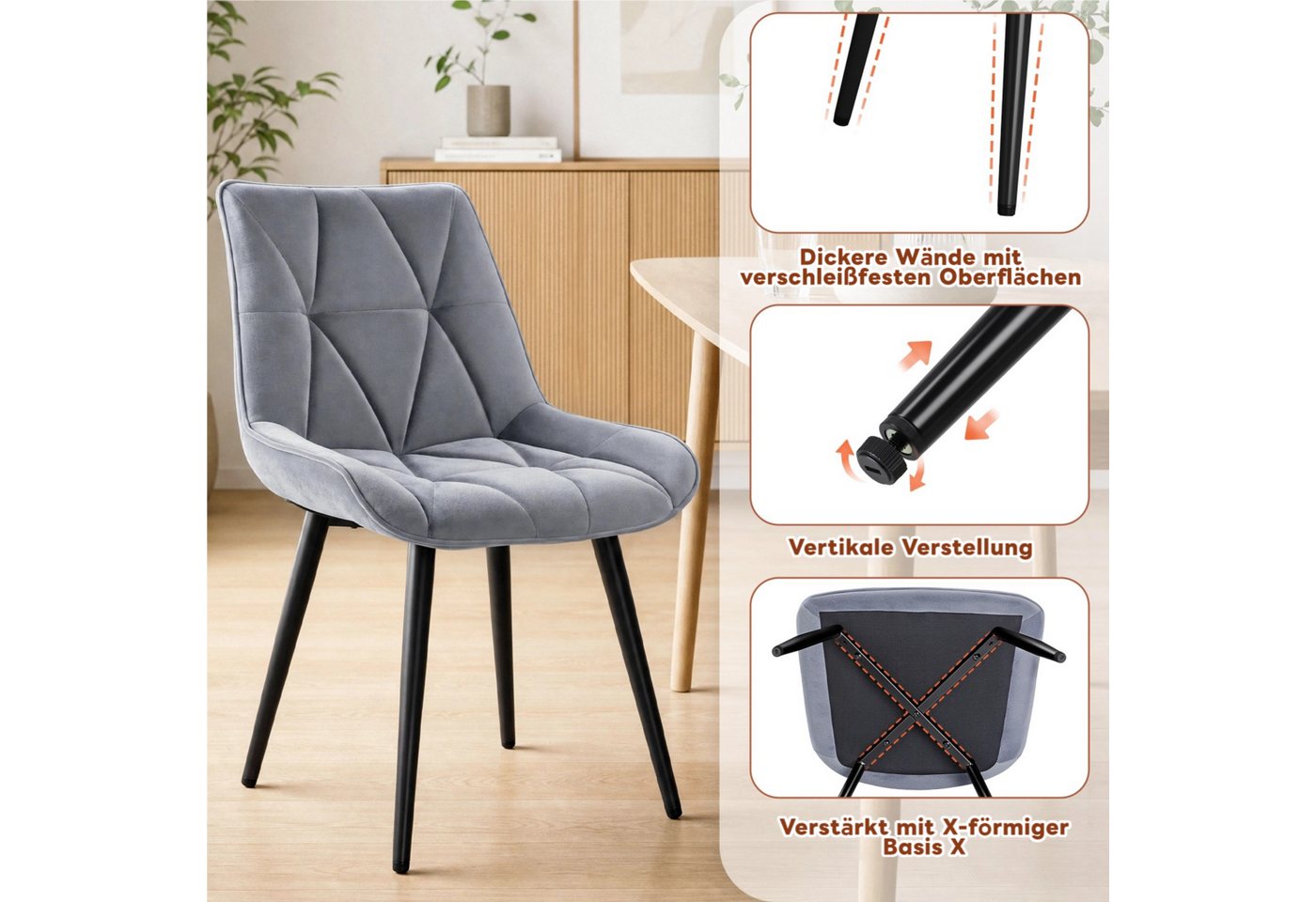 TLGREEN Esszimmerstuhl 2/4/6er set,Küchenstuhl gepolstert mit Rückenlehne, (Polsterstühle aus Samt,mit Metallbeinen,bis 170 kg belastbar, 4 St), für Wohnzimmer  – Bild 5 von 5