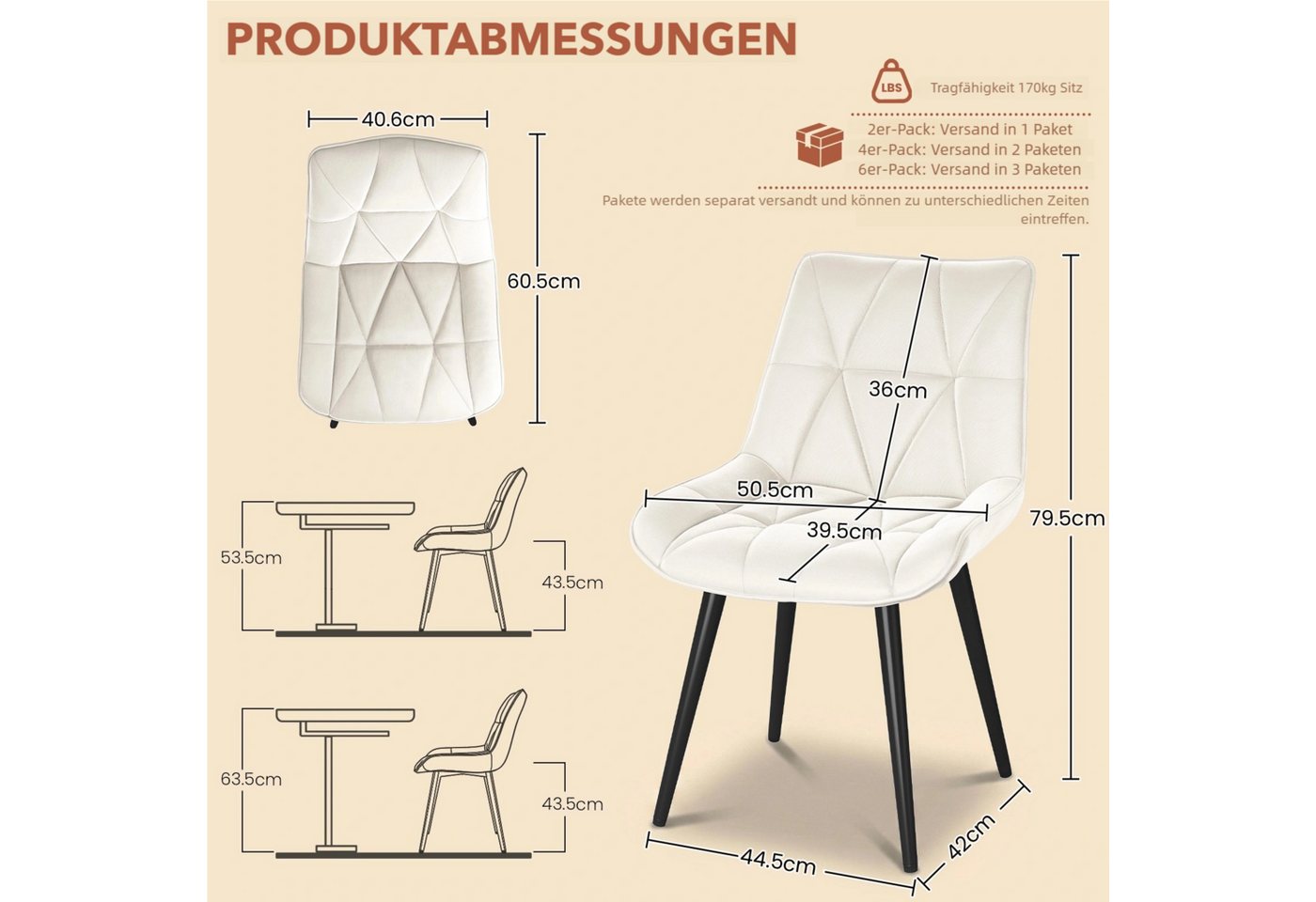 TLGREEN Esszimmerstuhl 2/4/6er set,Küchenstuhl gepolstert mit Rückenlehne, (Polsterstühle aus Samt,mit Metallbeinen,bis 170 kg belastbar, 2 St), für Wohnzimmer  – Bild 2 von 5