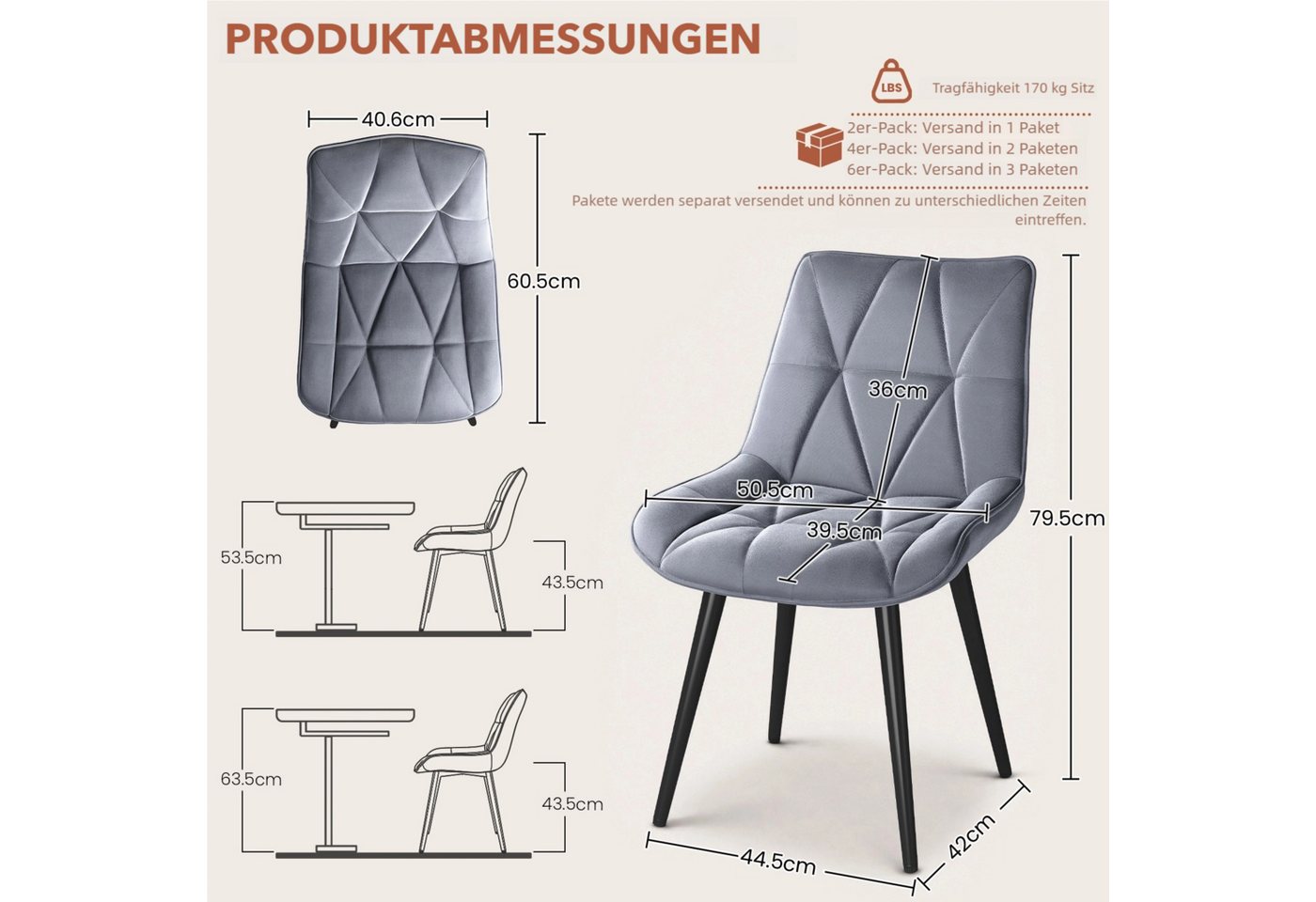TLGREEN Esszimmerstuhl 2/4/6er set,Küchenstuhl gepolstert mit Rückenlehne, (Polsterstühle aus Samt,mit Metallbeinen,bis 170 kg belastbar, 2 St), für Wohnzimmer  – Bild 2 von 5