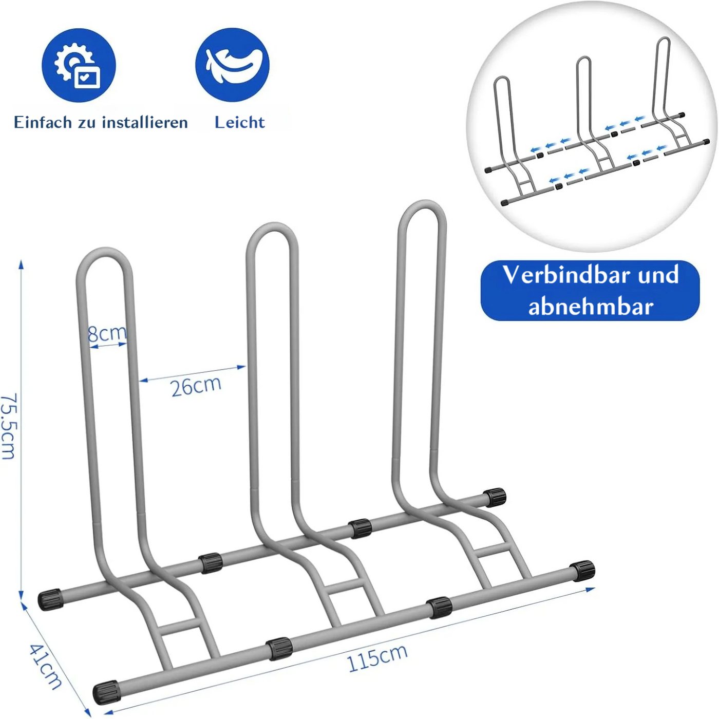 TLGREEN Fahrradständer Boden,Abnehmbar Bodenständer Fahrräder, (3-St., Reifenbreite bis 80 mm, Freistehend Fahrradhalter), Radständer für Mountainbike Rennrad M – Bild 2 von 5