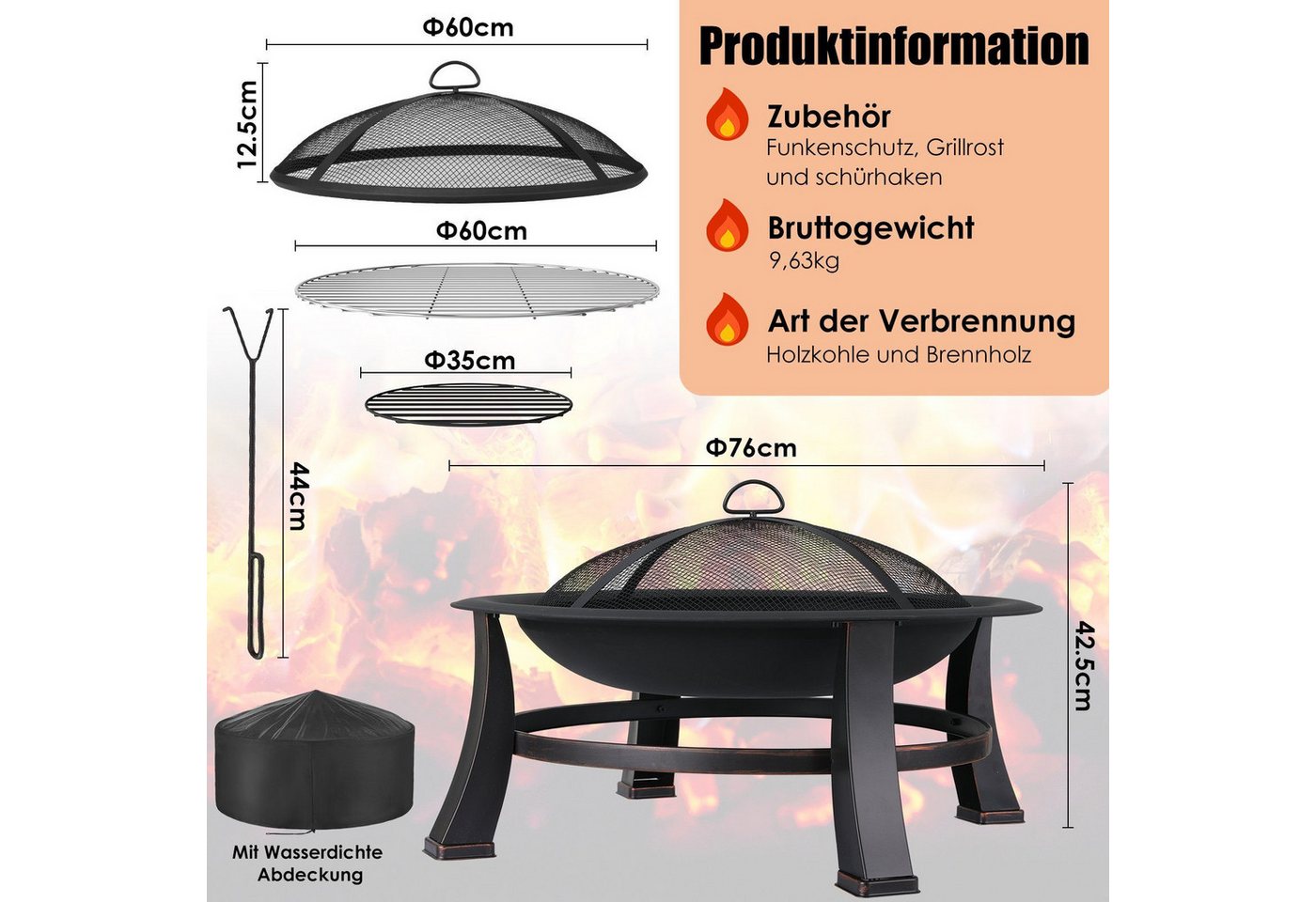TLGREEN Feuerschale Φ76cm Feuerkorb mit grillrost, (Feuerkorb mit 600D wasserdichte Oxford Abdeckung, Multifunktional Feuerstelle Feuerkorb), Feuerschalen für d – Bild 2 von 5
