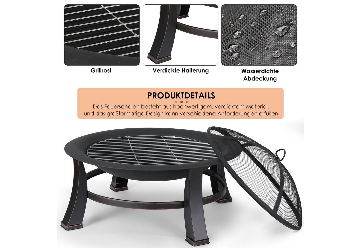TLGREEN Feuerschale Φ76cm Feuerkorb mit grillrost, (Feuerkorb mit 600D wasserdichte Oxford Abdeckung, Multifunktional Feuerstelle Feuerkorb), Feuerschalen für d – Bild 3 von 5