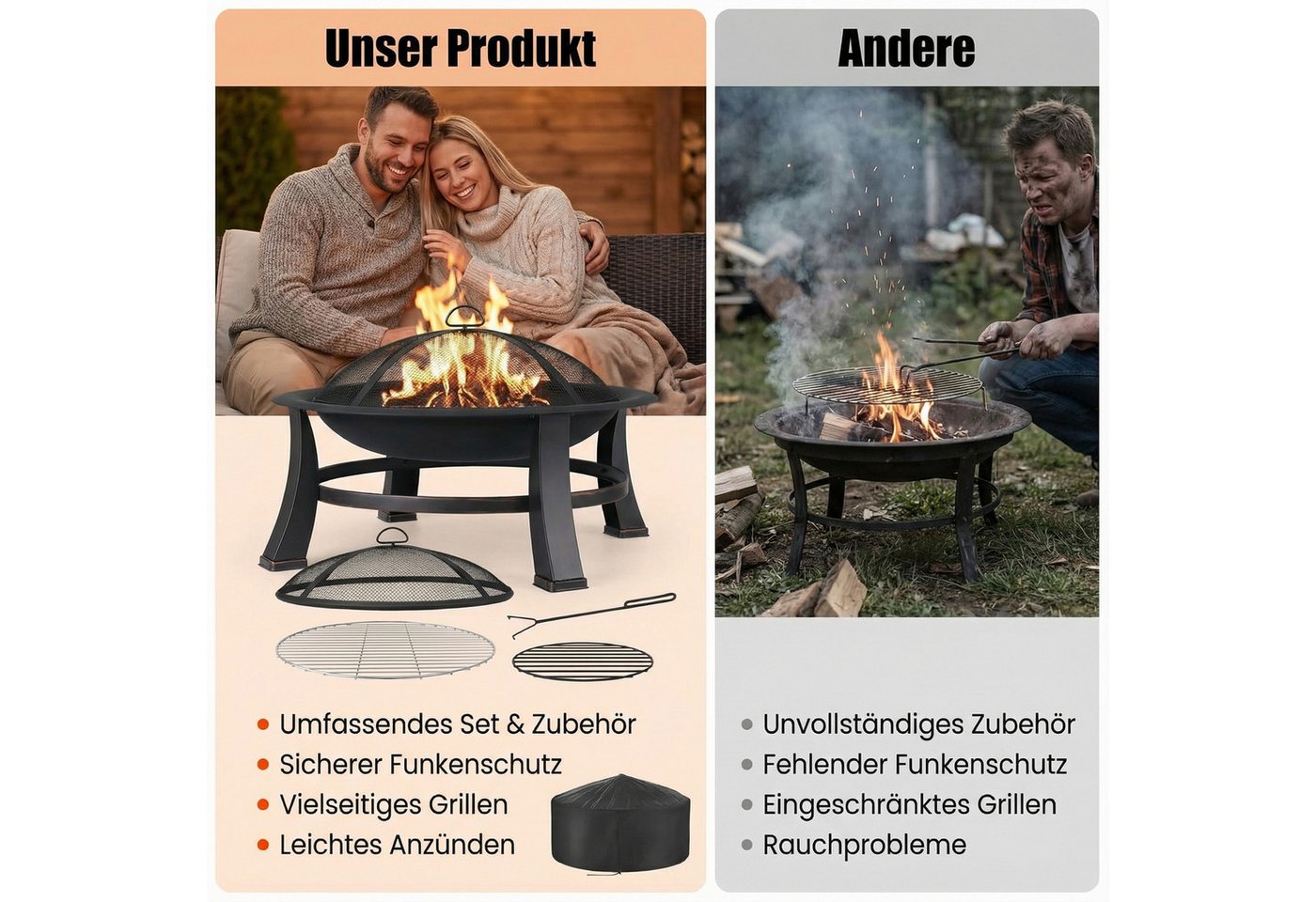 TLGREEN Feuerschale Φ76cm Feuerkorb mit grillrost, (Feuerkorb mit 600D wasserdichte Oxford Abdeckung, Multifunktional Feuerstelle Feuerkorb), Feuerschalen für d – Bild 5 von 5