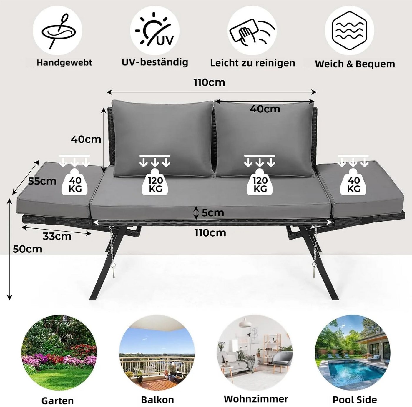 TLGREEN Gartenbank mit Liegefunktion, Wetterfest UV-beständig Rattan Gartensofa (2 Personen Einfache Umwandlung, Polyrattan Sitz-Liege 2-Sitzer Abnehmbare Kisse – Bild 2 von 5