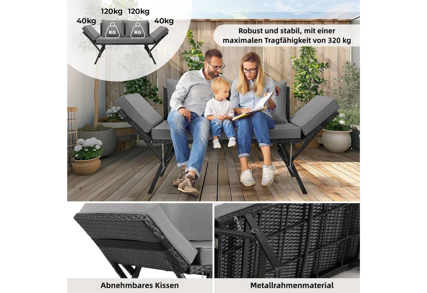 TLGREEN Gartenbank mit Liegefunktion, Wetterfest UV-beständig Rattan Gartensofa (2 Personen Einfache Umwandlung, Polyrattan Sitz-Liege 2-Sitzer Abnehmbare Kisse – Bild 4 von 5