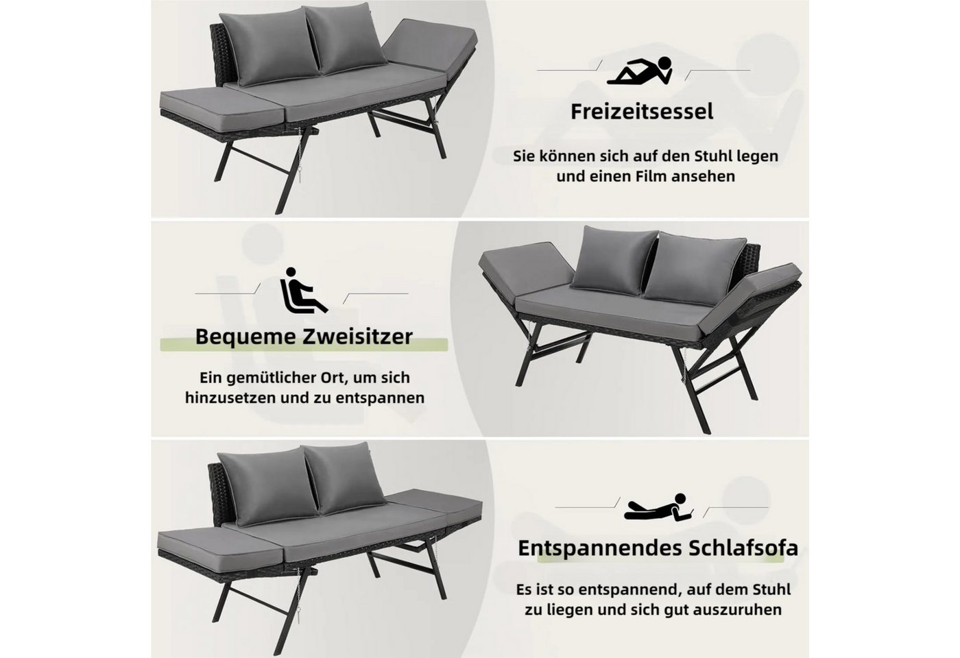 TLGREEN Gartenbank mit Liegefunktion, Wetterfest UV-beständig Rattan Gartensofa (2 Personen Einfache Umwandlung, Polyrattan Sitz-Liege 2-Sitzer Abnehmbare Kisse – Bild 5 von 5