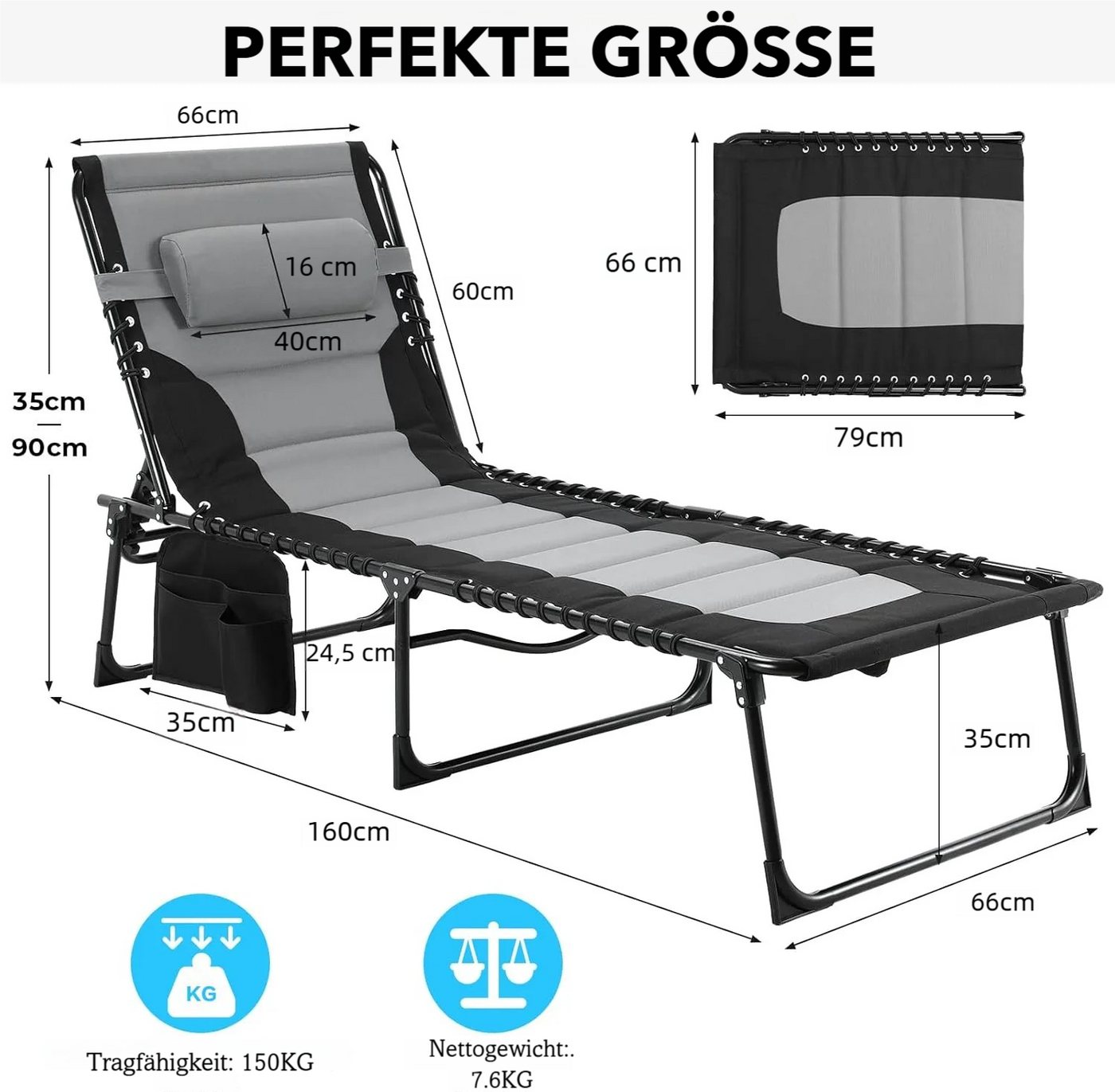 TLGREEN Gartenliege,XXL Sonnenliege klappbar,Gartenliege mit Kopfstütze, 199×66×35 cm Liegestuhl mit 5-Fach Verstellbarer Rückenlehne, 2 St., extra Große Garten – Bild 3 von 5
