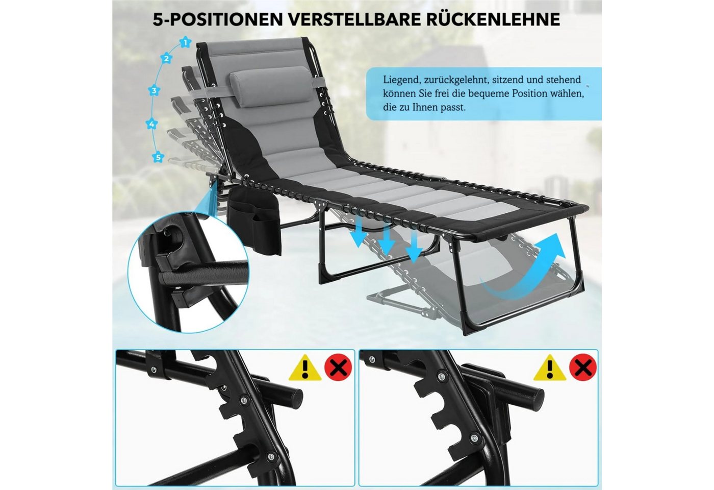 TLGREEN Gartenliege,XXL Sonnenliege klappbar,Gartenliege mit Kopfstütze, 199×66×35 cm Liegestuhl mit 5-Fach Verstellbarer Rückenlehne, 2 St., extra Große Garten – Bild 4 von 5