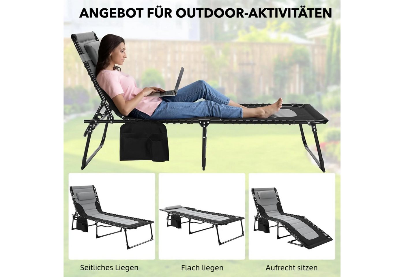 TLGREEN Gartenliege,XXL Sonnenliege klappbar,Gartenliege mit Kopfstütze, 199×66×35 cm Liegestuhl mit 5-Fach Verstellbarer Rückenlehne, 2 St., extra Große Garten – Bild 5 von 5