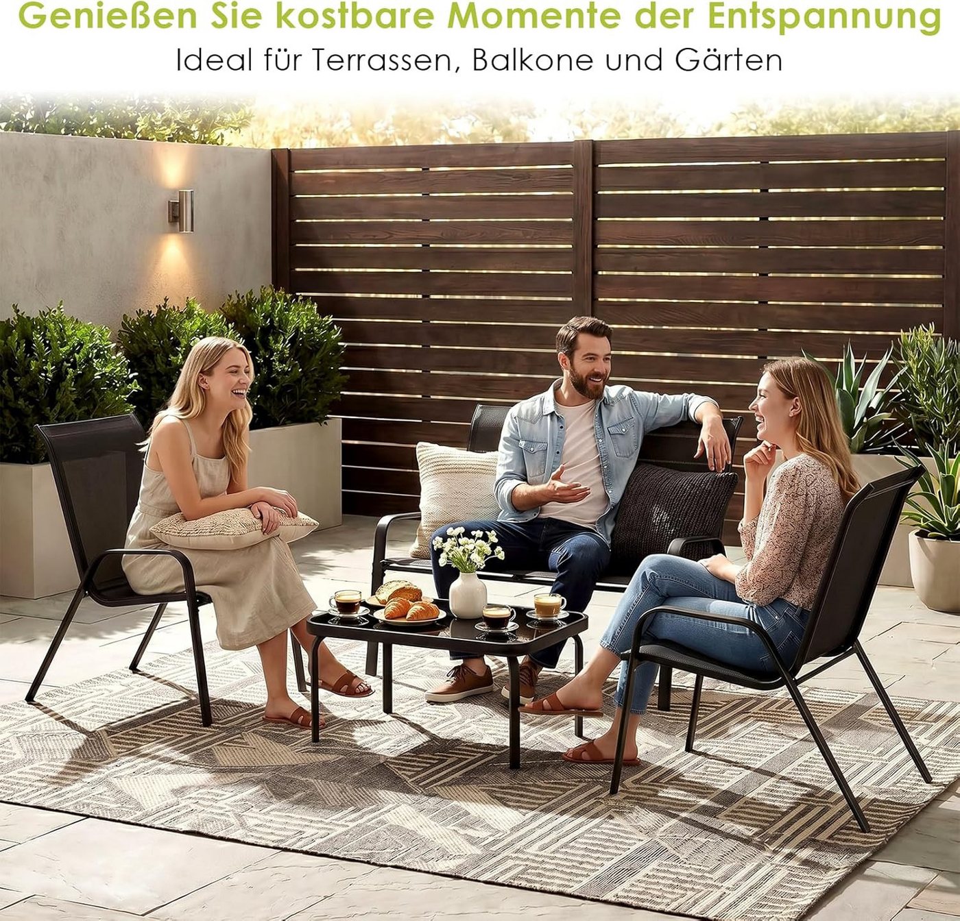 TLGREEN Gartenlounge-Set 4-teiliges Gartenmöbel Set, (Wetterfeste Sitzgruppe mit 1 Gartenbank, 2 Stühlen & 1 Glastisch, Textilene Outdoor Lounge), Modern Balkon – Bild 2 von 5