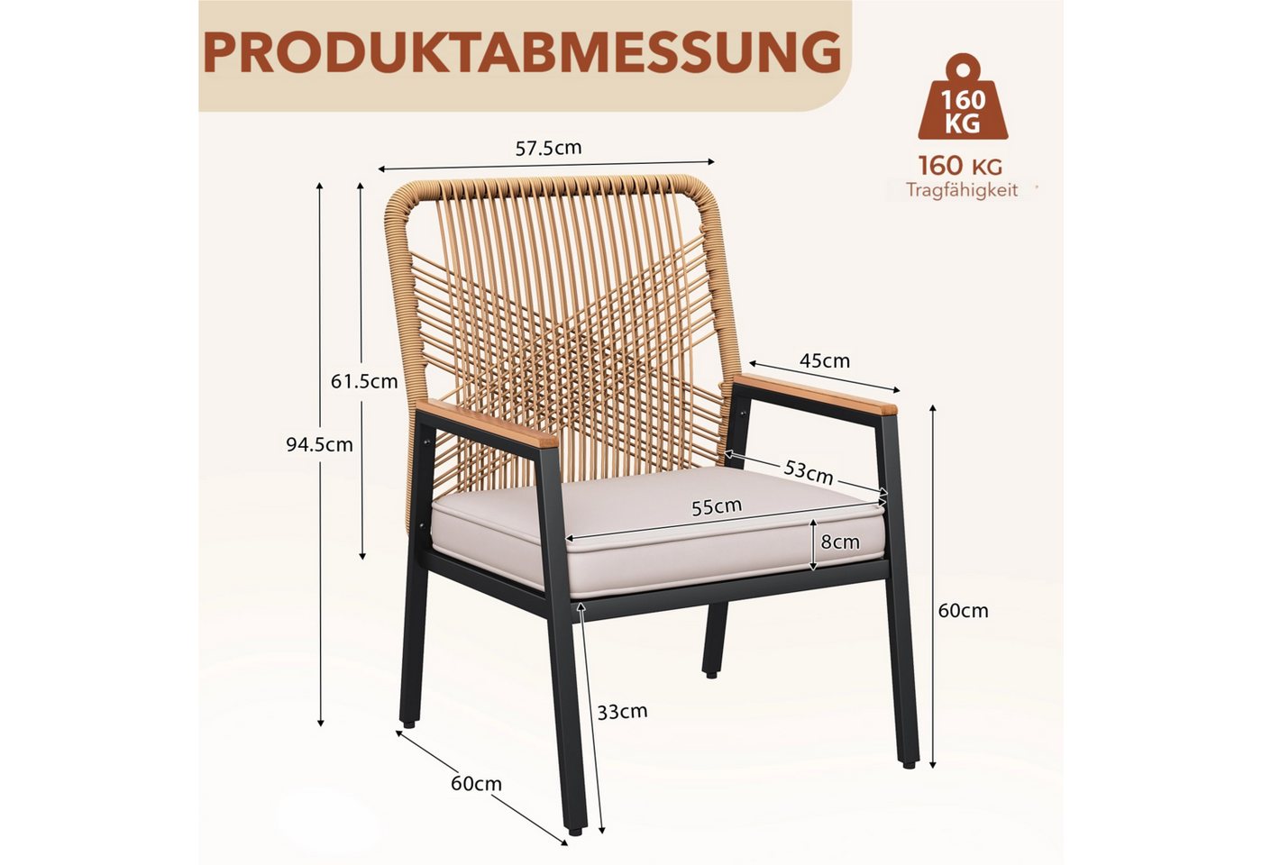 TLGREEN Gartenstuhl Eisen-Rattan Gartensessel,verbreiterter Sitz, (Balkonstühle Metall und Rattan, mit 8 cm dicken Sitzkissen, 2 St), 160 kg Belastbar für Terra – Bild 3 von 5