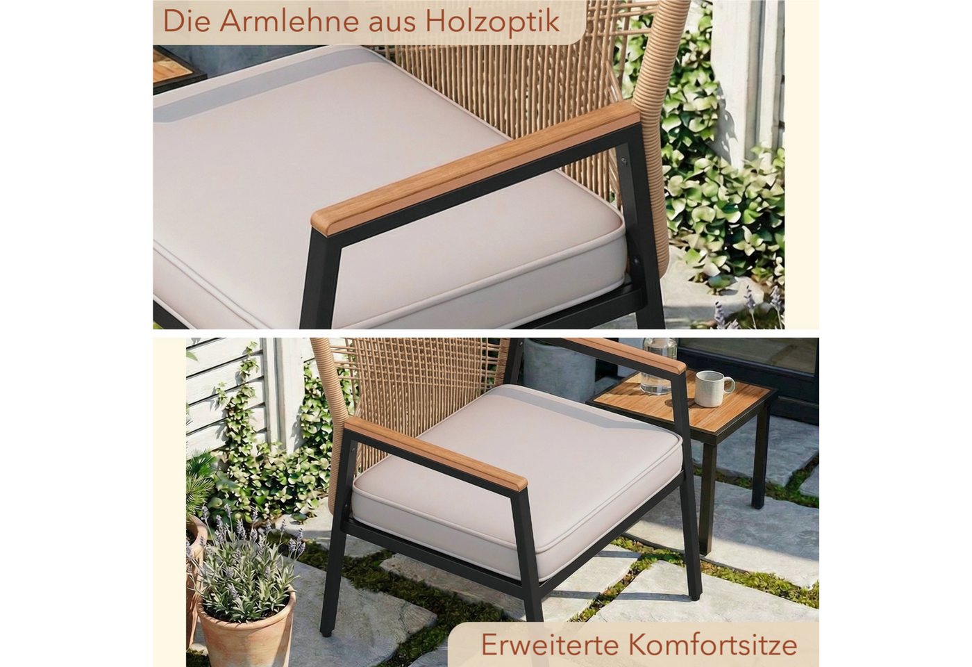 TLGREEN Gartenstuhl Eisen-Rattan Gartensessel,verbreiterter Sitz, (Balkonstühle Metall und Rattan, mit 8 cm dicken Sitzkissen, 2 St), 160 kg Belastbar für Terra – Bild 4 von 5
