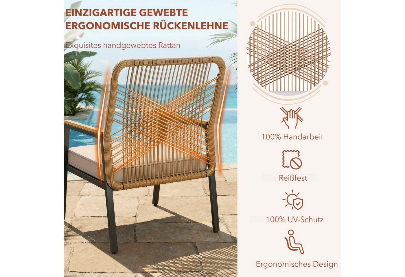 TLGREEN Gartenstuhl Eisen-Rattan Gartensessel,verbreiterter Sitz, (Balkonstühle Metall und Rattan, mit 8 cm dicken Sitzkissen, 2 St), 160 kg Belastbar für Terra – Bild 5 von 5