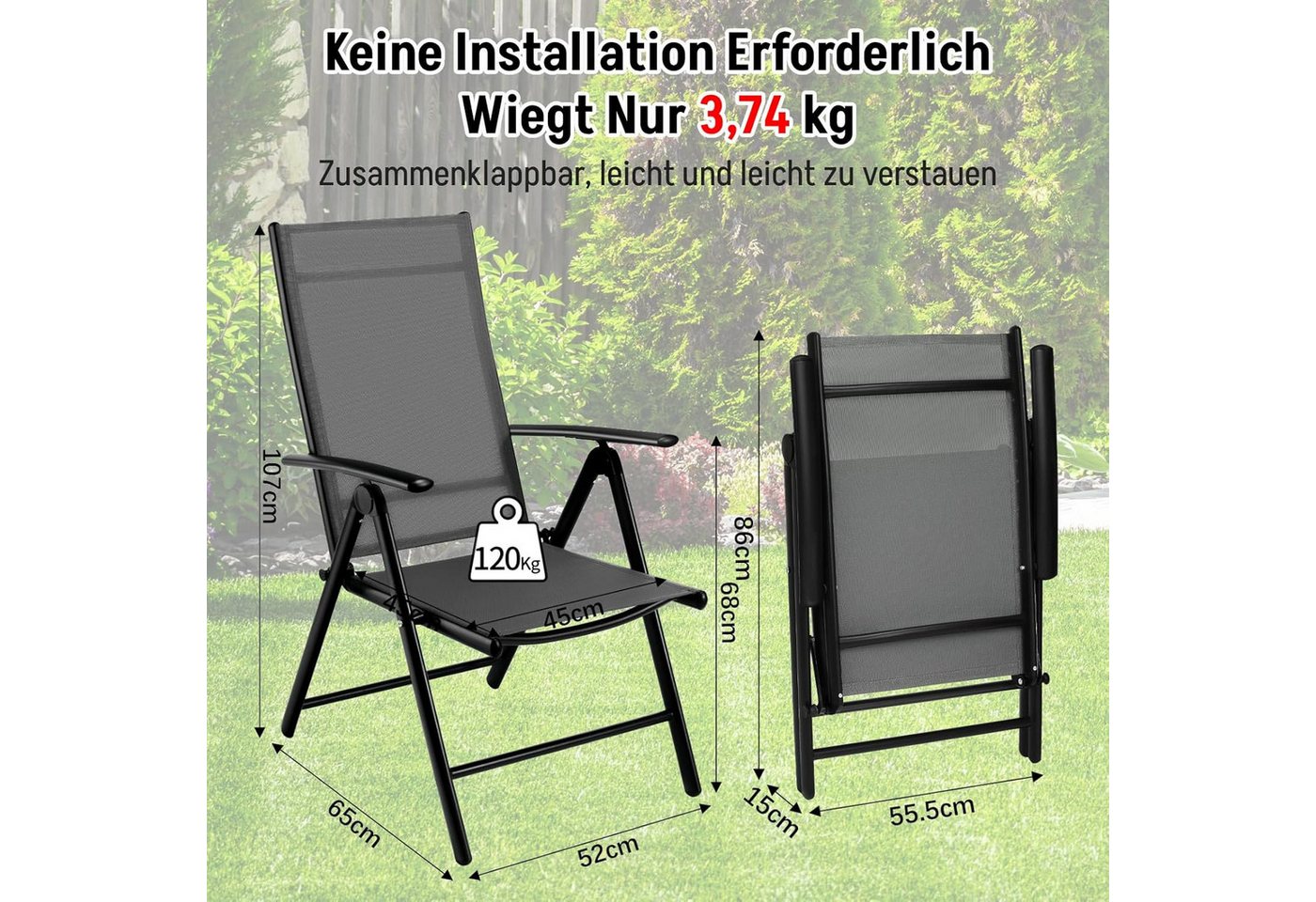 TLGREEN Gartenstuhl Hochlehner, 2/4er Set Balkonstuhl,Klappstuhl,Campingstühle (2 St), klappbar, 7-Fach verstellbare, wetterfest, aus Aluminium, Bis 120kg – Bild 3 von 5