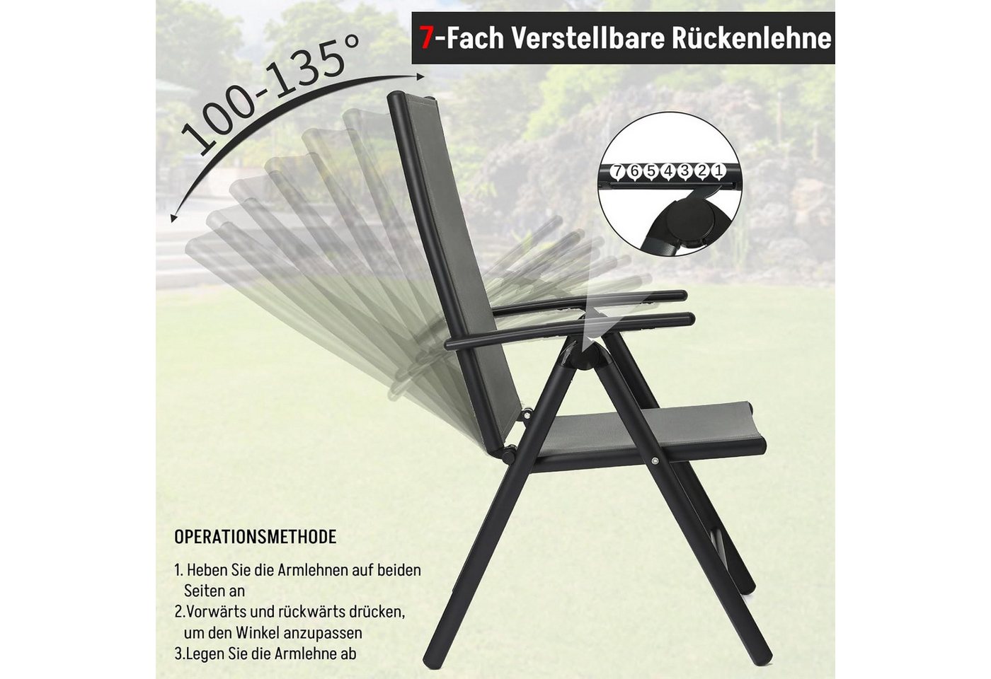 TLGREEN Gartenstuhl Hochlehner, 2/4er Set Balkonstuhl,Klappstuhl,Campingstühle (2 St), klappbar, 7-Fach verstellbare, wetterfest, aus Aluminium, Bis 120kg – Bild 5 von 5