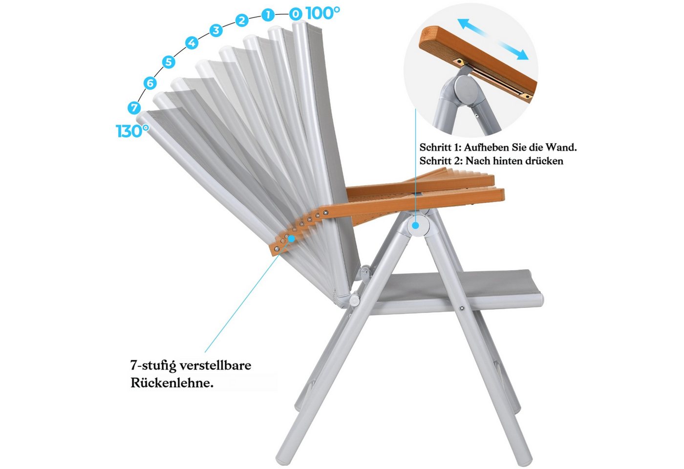 TLGREEN Gartenstuhl Hochlehner, 2/4er Set Balkonstuhl,Klappstuhl,Campingstühle (2 St), klappbar, 7-Fach verstellbare, wetterfest, aus Aluminium, Bis 120kg – Bild 3 von 5
