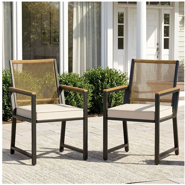 TLGREEN Gartenstuhl Rattan,Wetterfest, Balkonstuhl mit WPC Armlehne, (Outdoor Stuhl mit abnehmbar Kissen, Essstühle aus Metall, 2 St), bis 160 kg belastbar, für