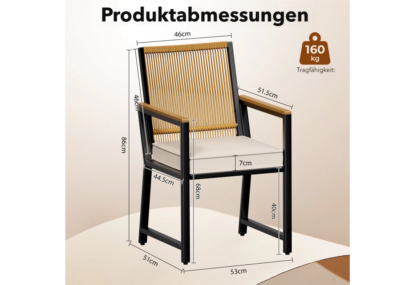 TLGREEN Gartenstuhl Rattan,Wetterfest, Balkonstuhl mit WPC Armlehne, (Outdoor Stuhl mit abnehmbar Kissen, Essstühle aus Metall, 2 St), bis 160 kg belastbar, für – Bild 2 von 5