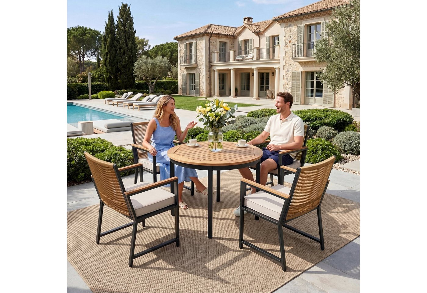 TLGREEN Gartenstuhl Rattan,Wetterfest, Balkonstuhl mit WPC Armlehne, (Outdoor Stuhl mit abnehmbar Kissen, Essstühle aus Metall, 2 St), bis 160 kg belastbar, für – Bild 3 von 5
