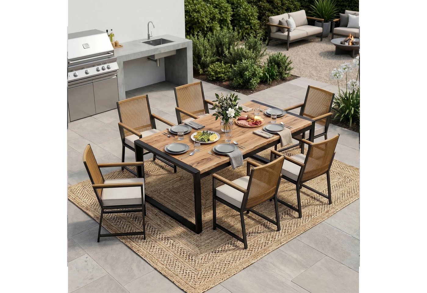 TLGREEN Gartenstuhl Rattan,Wetterfest, Balkonstuhl mit WPC Armlehne, (Outdoor Stuhl mit abnehmbar Kissen, Essstühle aus Metall, 2 St), bis 160 kg belastbar, für – Bild 4 von 5