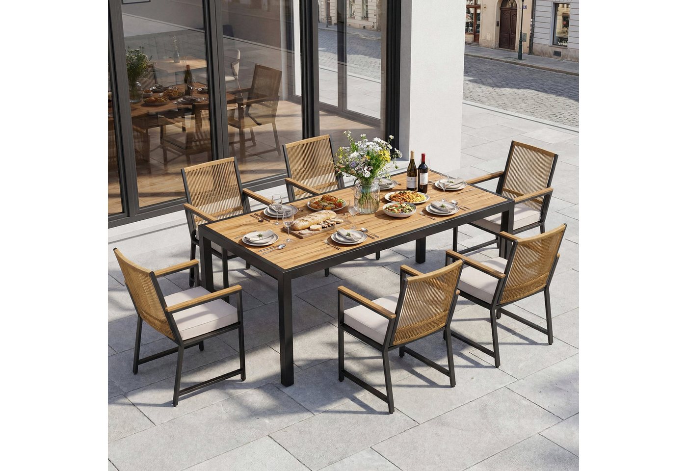 TLGREEN Gartenstuhl Rattan,Wetterfest, Balkonstuhl mit WPC Armlehne, (Outdoor Stuhl mit abnehmbar Kissen, Essstühle aus Metall, 2 St), bis 160 kg belastbar, für – Bild 5 von 5