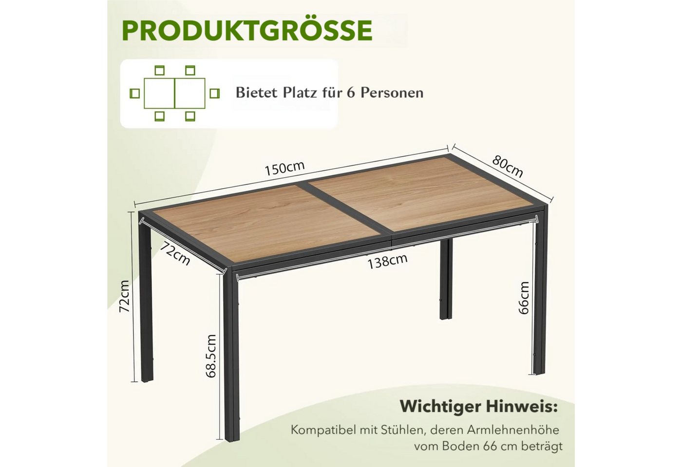 TLGREEN Gartentisch Groß, 150×80×72 cm DPC Balkontisch, (Rechteckiger Terrassentisch mit Metallgestell), Esstisch Outdoor für Garten, Balkon, Terrasse,Innenräum – Bild 3 von 5