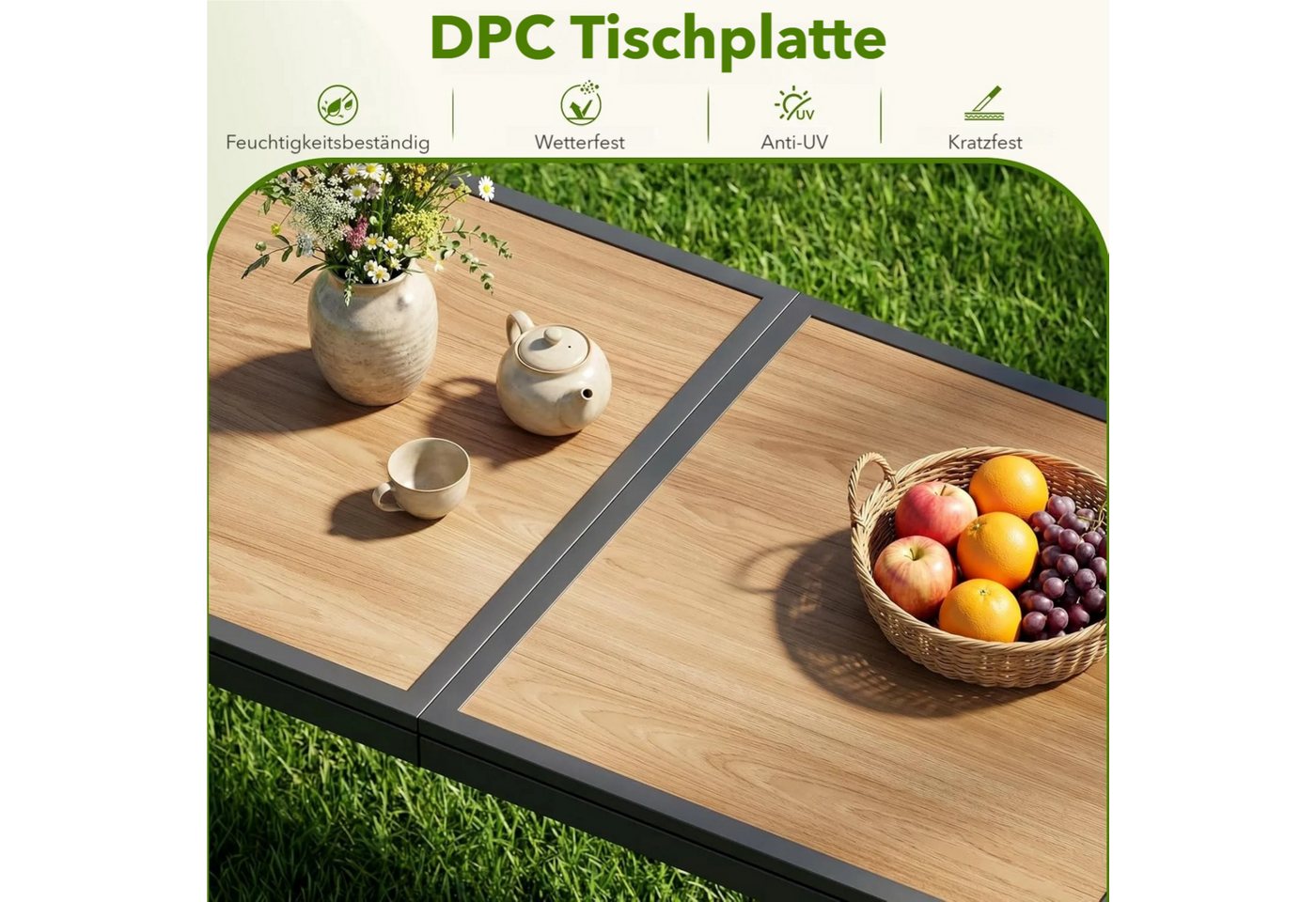 TLGREEN Gartentisch Groß, 150×80×72 cm DPC Balkontisch, (Rechteckiger Terrassentisch mit Metallgestell), Esstisch Outdoor für Garten, Balkon, Terrasse,Innenräum – Bild 4 von 5