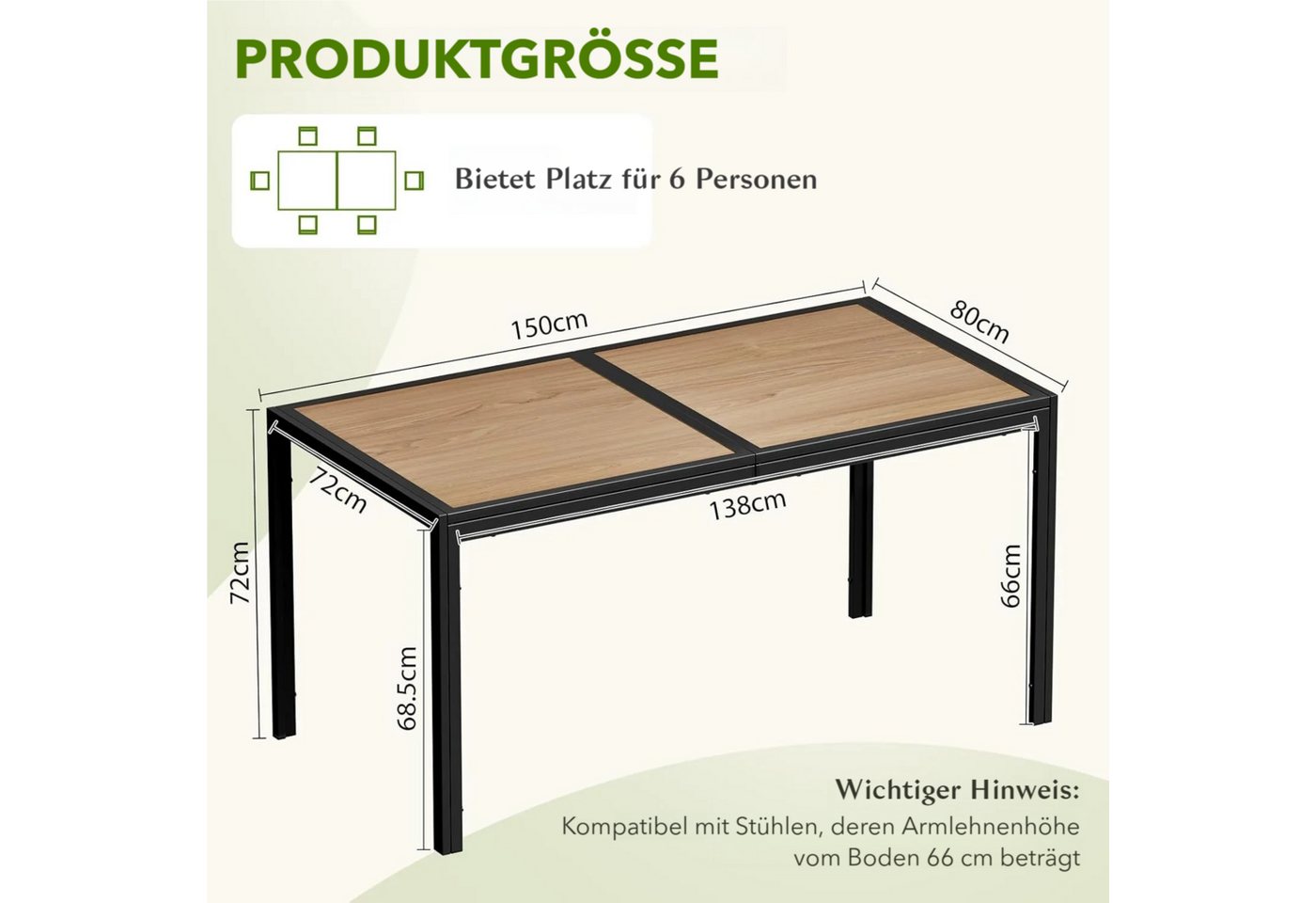 TLGREEN Gartentisch Groß, 150×80×72 cm DPC Balkontisch, (Rechteckiger Terrassentisch mit Metallgestell), Esstisch Outdoor für Garten, Balkon, Terrasse,Innenräum – Bild 3 von 5