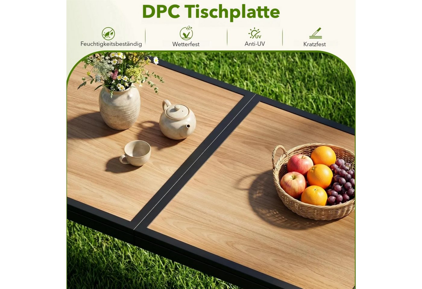 TLGREEN Gartentisch Groß, 150×80×72 cm DPC Balkontisch, (Rechteckiger Terrassentisch mit Metallgestell), Esstisch Outdoor für Garten, Balkon, Terrasse,Innenräum – Bild 4 von 5