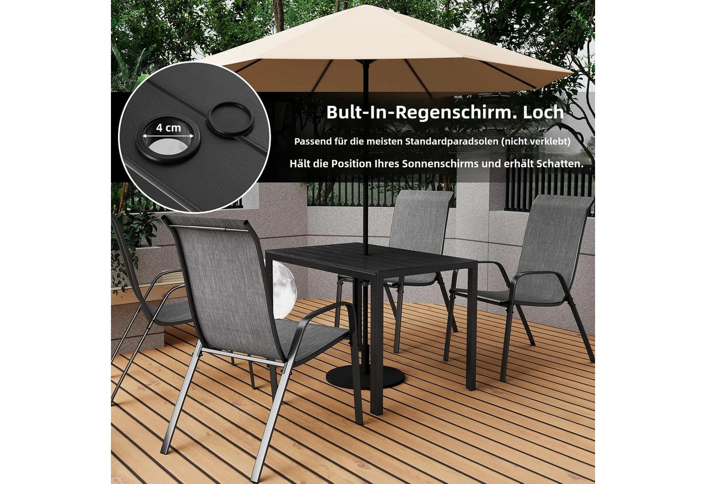TLGREEN Gartentisch mit Sonnenschirmloch,110x70 cm Balkontisch Wetterfest (Aluminium Rahmen, WPC Tischplatte), Rechteckiger Esstisch Outdoor für Terrasse – Bild 4 von 5