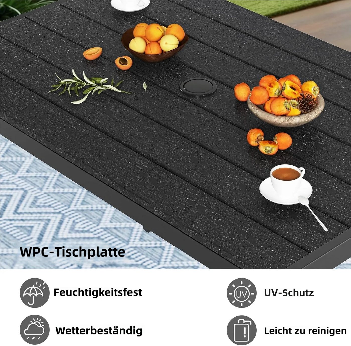 TLGREEN Gartentisch mit Sonnenschirmloch,110x70 cm Balkontisch Wetterfest (Aluminium Rahmen, WPC Tischplatte), Rechteckiger Esstisch Outdoor für Terrasse – Bild 5 von 5