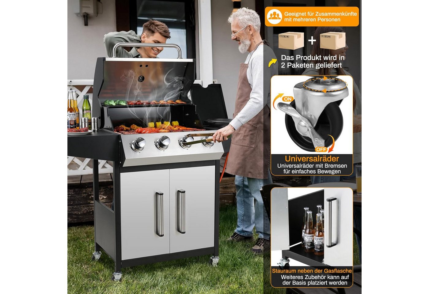 TLGREEN Gasgrill 4+1 Brenner,15 kw Gas Grillwagen BBQ mit Seitenkochfeld, Standgrill DE I3B/P(50) Gasdruckregler, Grillküche Camping Garten(Butan/Propan) – Bild 2 von 5