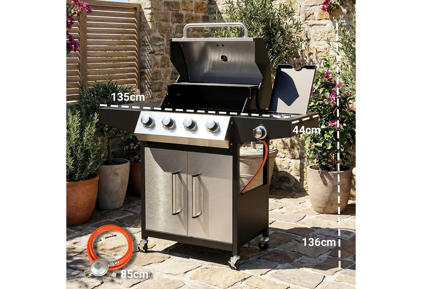 TLGREEN Gasgrill 4+1 Brenner,15 kw Gas Grillwagen BBQ mit Seitenkochfeld, Standgrill DE I3B/P(50) Gasdruckregler, Grillküche Camping Garten(Butan/Propan) – Bild 4 von 5