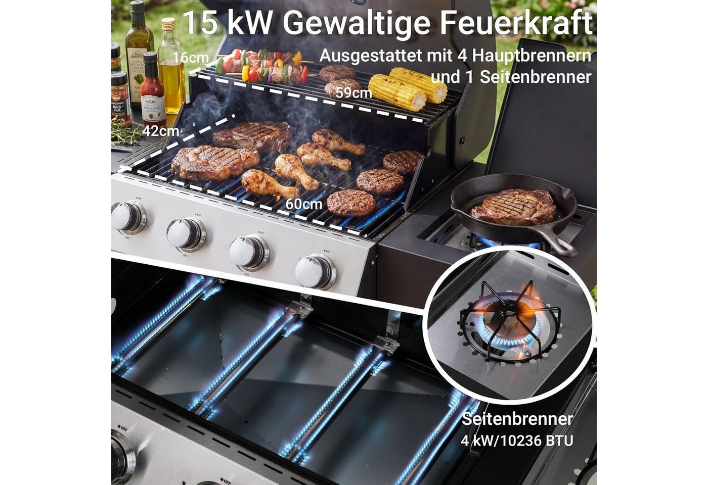 TLGREEN Gasgrill 4+1 Brenner,15 kw Gas Grillwagen BBQ mit Seitenkochfeld, Standgrill DE I3B/P(50) Gasdruckregler, Grillküche Camping Garten(Butan/Propan) – Bild 5 von 5