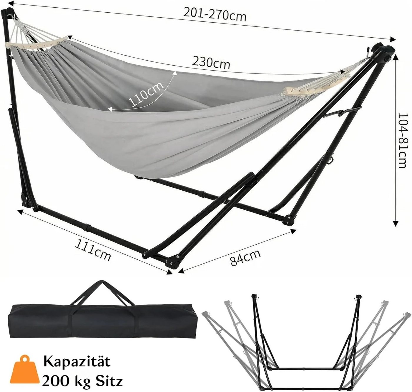 TLGREEN Hängematte mit Gestell,Premium Hängematten-Gestell-Set – 2-in-1, (Faltbar, Verstellbar, Stabiler Gartenhängematte, 231x89cm, Bis 200 kg, für Garten Balk – Bild 3 von 5