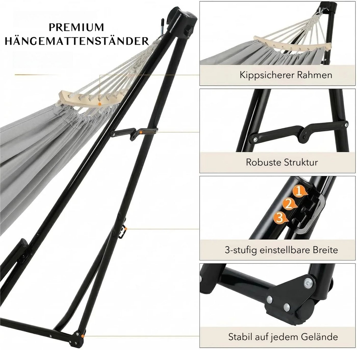 TLGREEN Hängematte mit Gestell,Premium Hängematten-Gestell-Set – 2-in-1, (Faltbar, Verstellbar, Stabiler Gartenhängematte, 231x89cm, Bis 200 kg, für Garten Balk – Bild 5 von 5