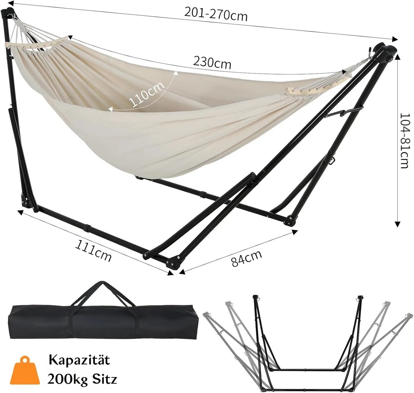 TLGREEN Hängematte mit Gestell,Premium Hängematten-Gestell-Set – 2-in-1, (Faltbar, Verstellbar, Stabiler Gartenhängematte, 231x89cm, Bis 200 kg, für Garten Balk – Bild 3 von 5