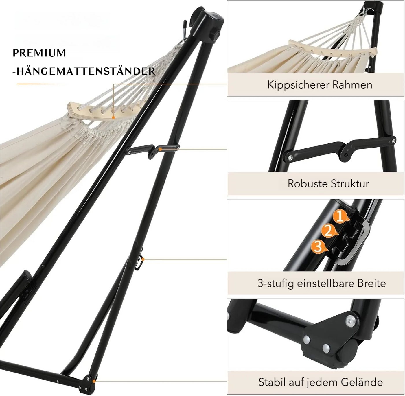 TLGREEN Hängematte mit Gestell,Premium Hängematten-Gestell-Set – 2-in-1, (Faltbar, Verstellbar, Stabiler Gartenhängematte, 231x89cm, Bis 200 kg, für Garten Balk – Bild 4 von 5