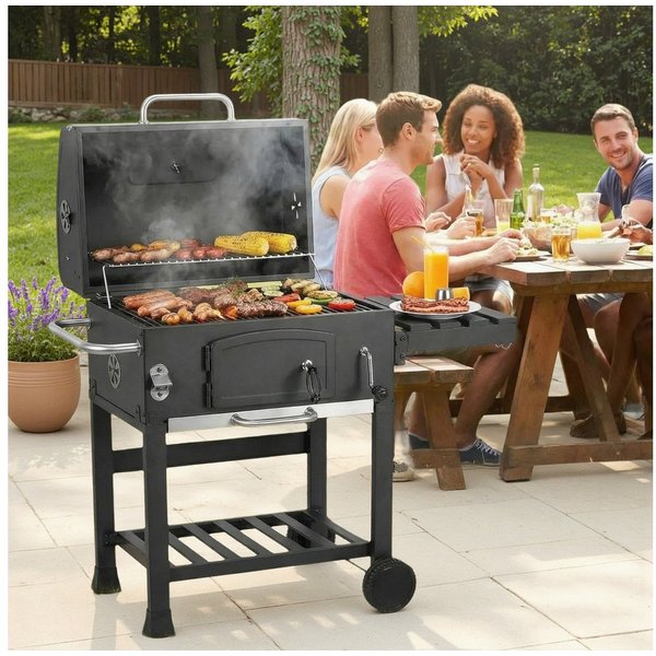 TLGREEN Holzkohlegrill mit Deckel, Grill Grillwagen BBQ Smoker XL, Holzkohlegrill mit Ablage, Standgrill, Groß Kohlegrillwagen für Camping, Garten