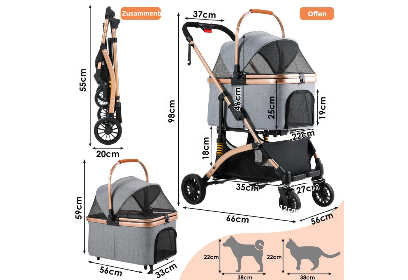 TLGREEN Hundebuggy klappbar, Leichtes Aluminium Gestell und atmungsaktives Mesh, (Hundewagen, Stoßfest & platzsparend für kleine Hunde/Katzen), Ideal für Reisen – Bild 2 von 5