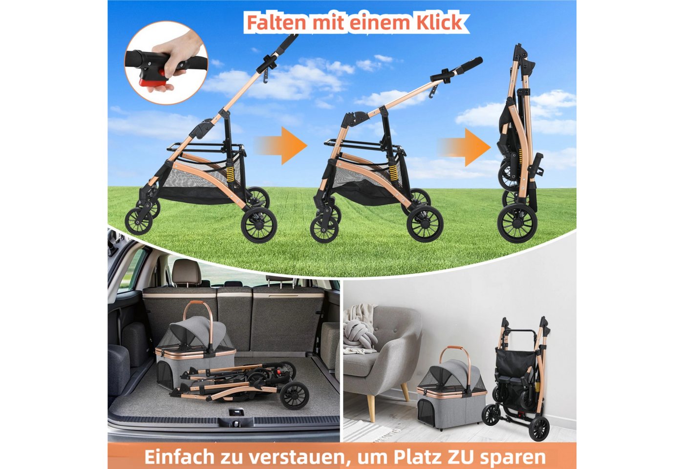 TLGREEN Hundebuggy klappbar, Leichtes Aluminium Gestell und atmungsaktives Mesh, (Hundewagen, Stoßfest & platzsparend für kleine Hunde/Katzen), Ideal für Reisen – Bild 4 von 5