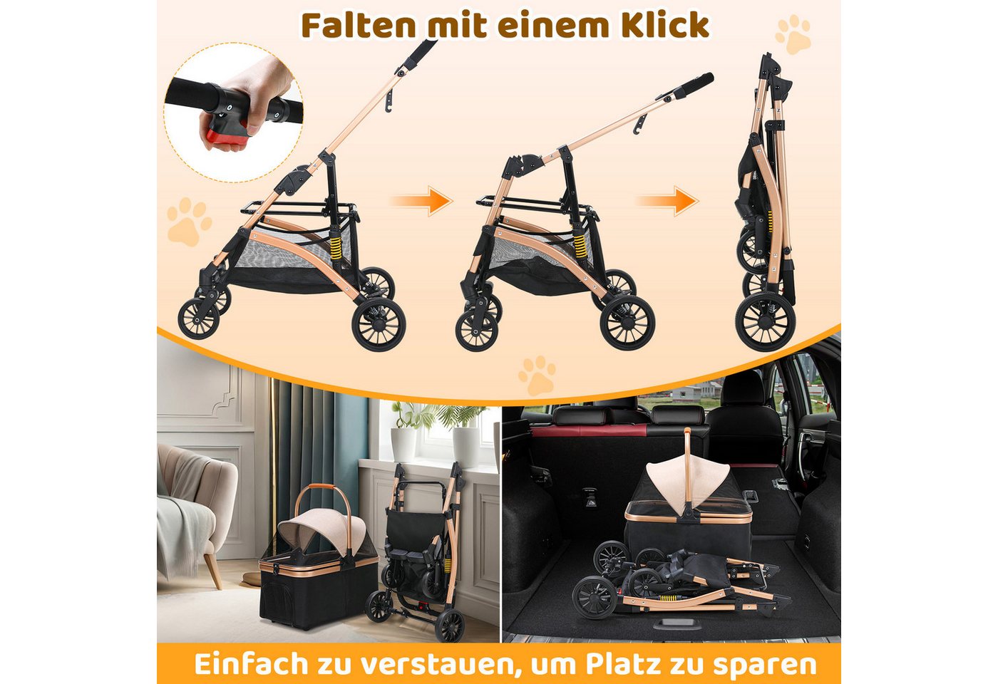 TLGREEN Hundebuggy klappbar, Leichtes Aluminium Gestell und atmungsaktives Mesh, (Hundewagen, Stoßfest & platzsparend für kleine Hunde/Katzen), Ideal für Reisen – Bild 2 von 5