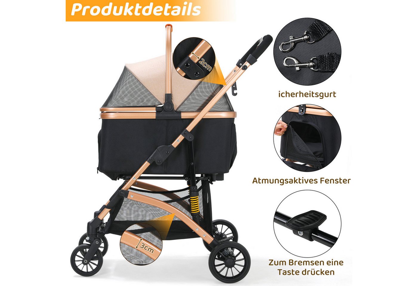 TLGREEN Hundebuggy klappbar, Leichtes Aluminium Gestell und atmungsaktives Mesh, (Hundewagen, Stoßfest & platzsparend für kleine Hunde/Katzen), Ideal für Reisen – Bild 4 von 5