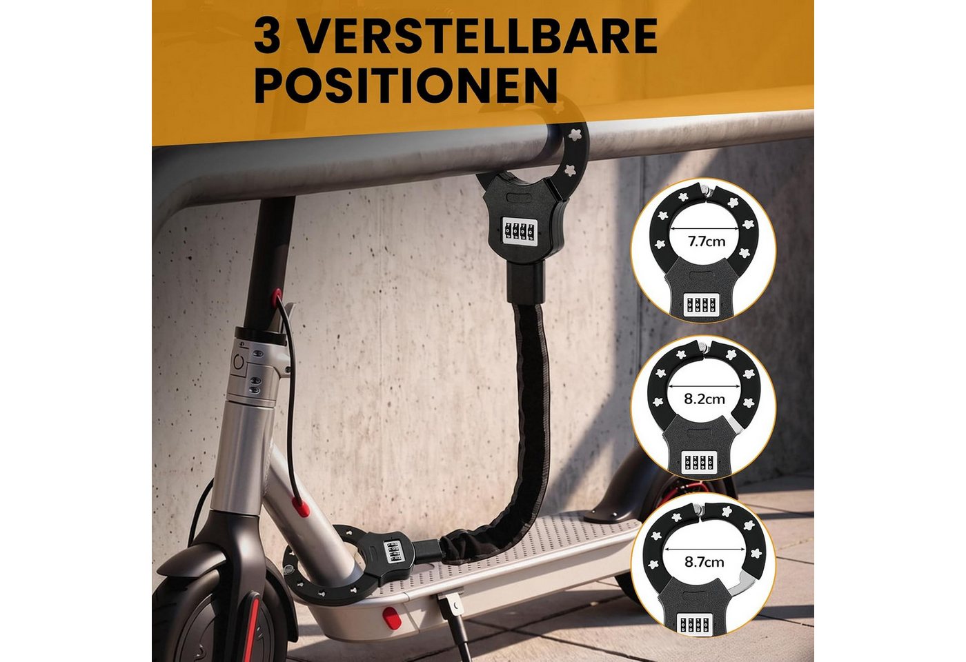 TLGREEN Kettenschloss E Scooter Schloss mit Zahlencode (6mm gehärtete Stahlkette schlüsselloses Kettenschloss, 4-stelliger Code mit 10.000 Kombinationen), für E – Bild 2 von 5