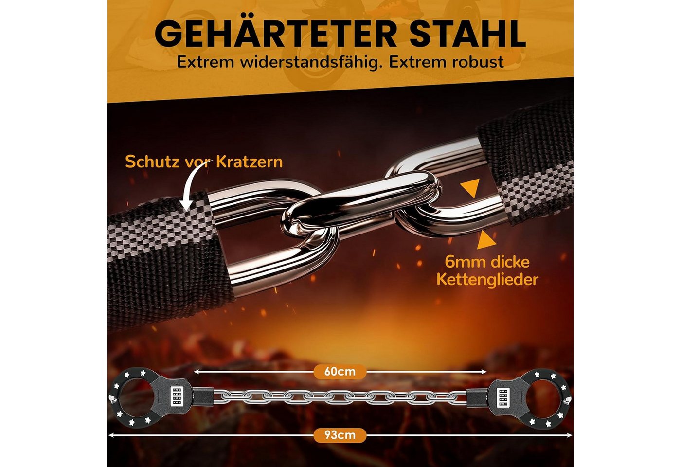TLGREEN Kettenschloss E Scooter Schloss mit Zahlencode (6mm gehärtete Stahlkette schlüsselloses Kettenschloss, 4-stelliger Code mit 10.000 Kombinationen), für E – Bild 3 von 5