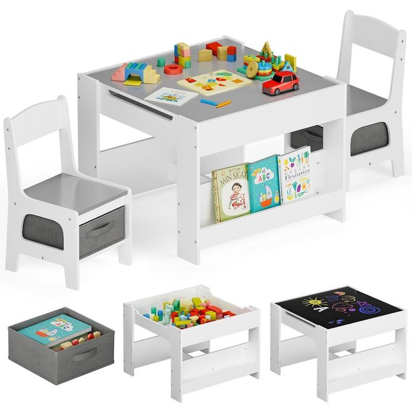TLGREEN Kindersitzgruppe 3-in-1 Multifunktional mit Whiteboard & Kreidetafel, (Maltisch & Schreibtisch mit Großen Stauraum & Buchständer, Spieltisch für Lego Ki