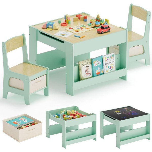 TLGREEN Kindersitzgruppe 3-in-1 Multifunktional mit Whiteboard & Kreidetafel, (Maltisch & Schreibtisch mit Großen Stauraum & Buchständer, Spieltisch für Lego Ki