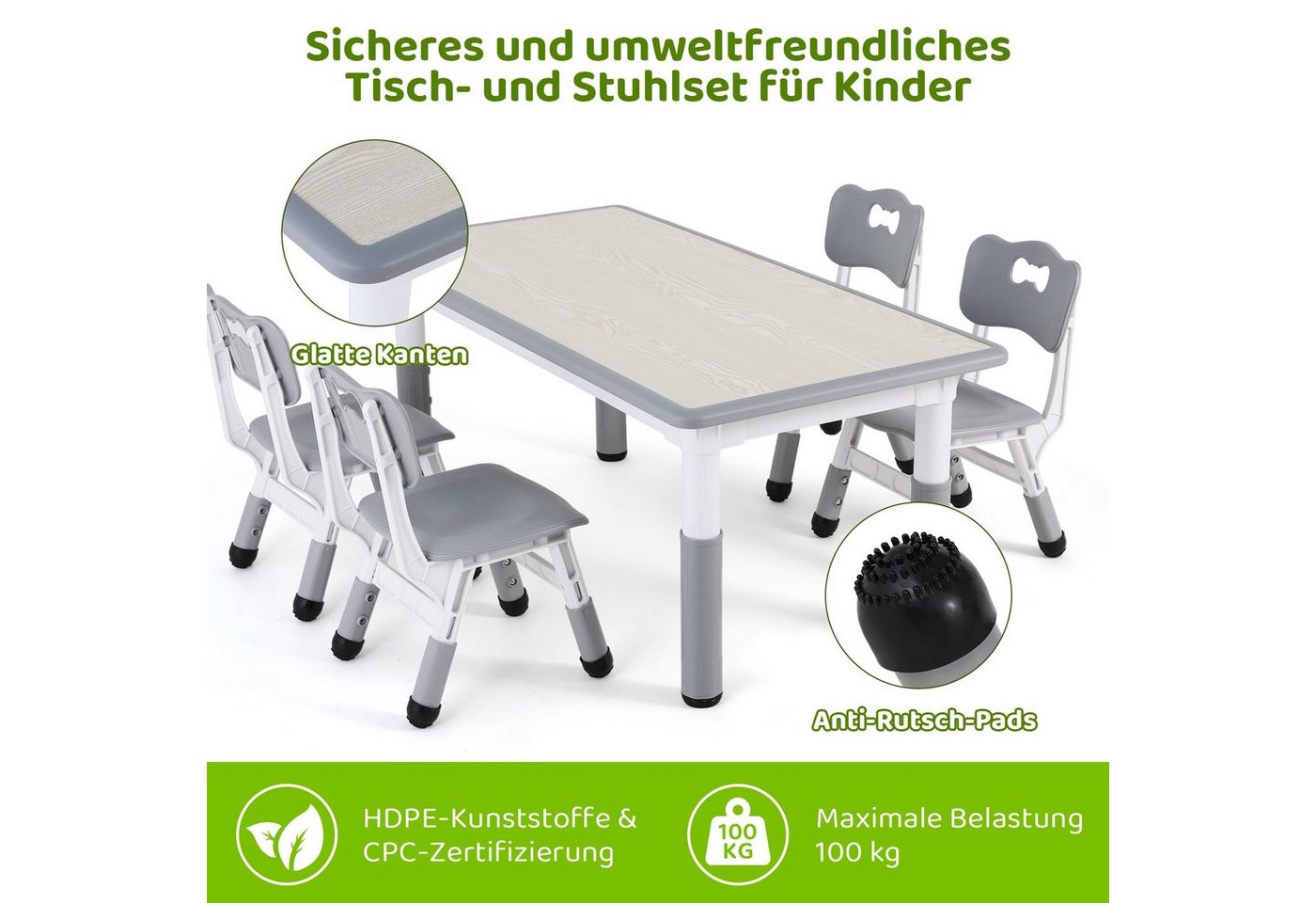 TLGREEN Kindersitzgruppe Kindertisch mit 4 Stühlen, (5-tlg), Kindermöbel, Quadratischen Tisch Höhenverstellbar Plastik – Bild 2 von 5