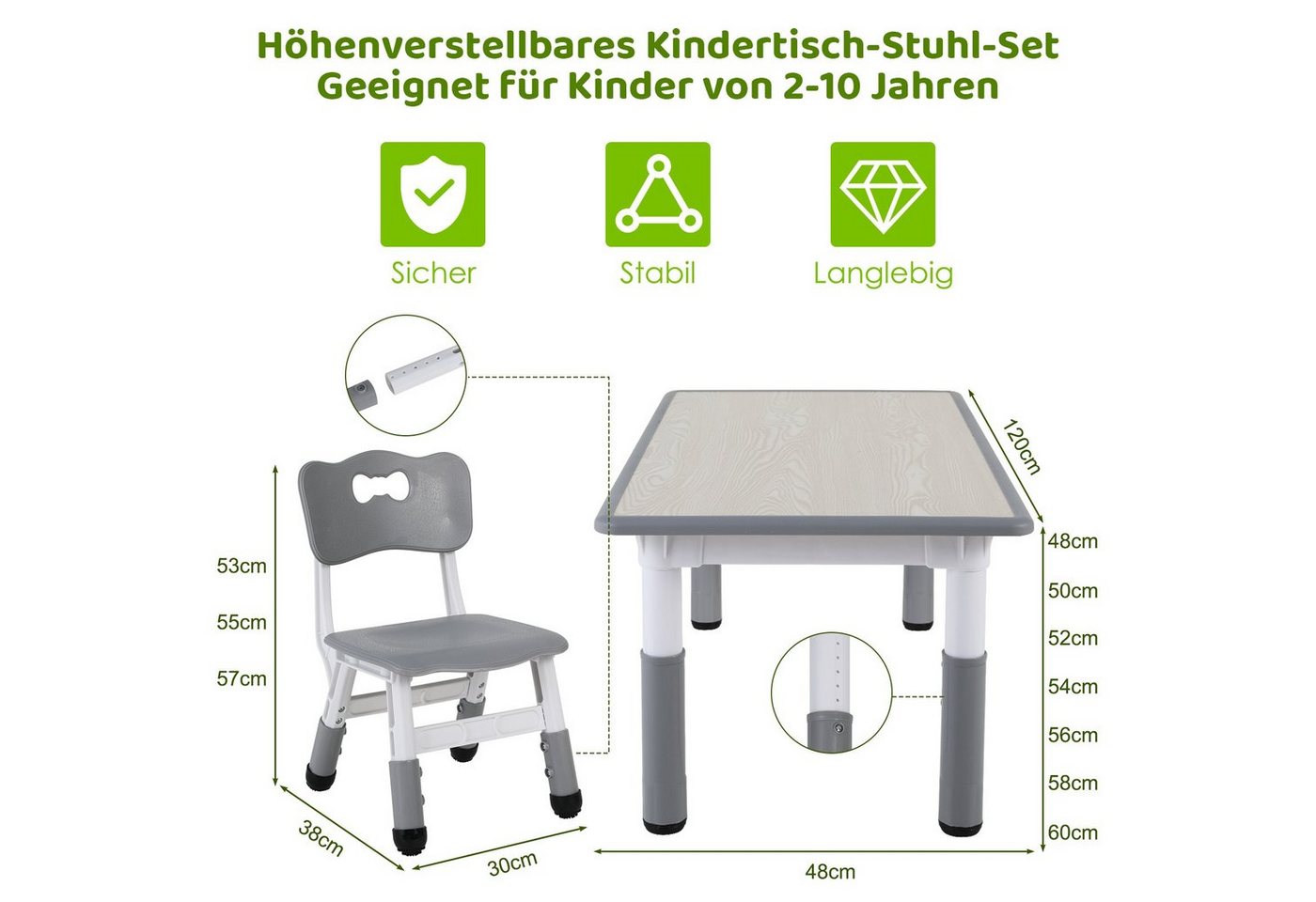 TLGREEN Kindersitzgruppe Kindertisch mit 4 Stühlen, (5-tlg), Kindermöbel, Quadratischen Tisch Höhenverstellbar Plastik – Bild 3 von 5